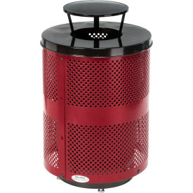 Global Industrial Outdoor Perforated Steel Trash Can W/Rain Bonnet Lid & Base 36 Gallon Red