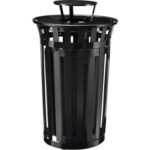 Global Industrial™ Outdoor Slatted Steel Trash Can W/Access Door & Rain Bonnet Lid36 GalBlack