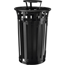 Global Industrial Outdoor Slatted Steel Trash Can W/Access Door & Rain Bonnet Lid36 GalBlack