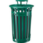 Global Industrial™ Outdoor Slatted Steel Trash Can W/Access Door & Rain Bonnet Lid36 GalGreen
