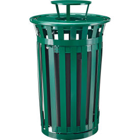 Global Industrial™ Outdoor Slatted Steel Trash Can W/Access Door & Rain Bonnet Lid36 GalGreen