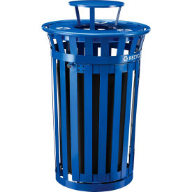 Global Industrial Outdoor Slatted Recycling Can w/Access Door & Rain Lid 36 Gallon Blue