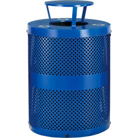 Global Industrial Outdoor Perforated Steel Recycling Can w/Rain Bonnet Lid 36 Gallon Blue