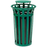 Global Industrial™ Outdoor Slatted Steel Trash Can With Rain Bonnet Lid 24 Gallon Green