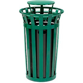 Global Industrial™ Outdoor Slatted Steel Trash Can With Rain Bonnet Lid 24 Gallon Green