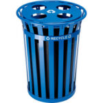 Global Industrial™ Outdoor Steel Slatted Recycling Can With Multi-Stream Lid 36 Gallon Blue
