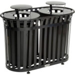 Global Industrial™ Outdoor Slatted Steel Trash Can With Rain Bonnet Lid 72 Gallon Black
