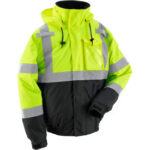Global Industrial Hi-Vis Safety Bomber Jacket 2"" Reflective Strips 4 Pockets Lime Size M