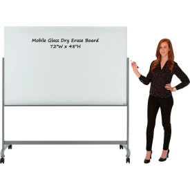 Global Industrial™ Mobile Glass WhiteBoard - 72""W x 48""H