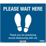 Global Industrial™ Blue Please Wait Here Floor Sign 14""W x 12""H Vinyl Adhesive