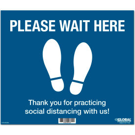 Global Industrial™ Blue Please Wait Here Floor Sign 14""W x 12""H Vinyl Adhesive