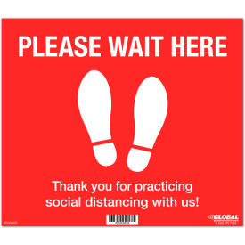 Global Industrial™ Red Please Wait Here Floor Sign 14""W x 12""H Vinyl Adhesive