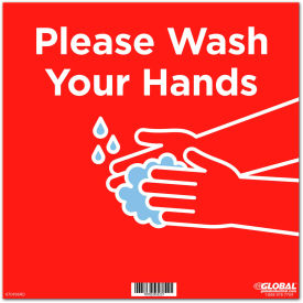 Global Industrial™ 12"" Square Please Wash Your Hands Wall Sign Red Adhesive